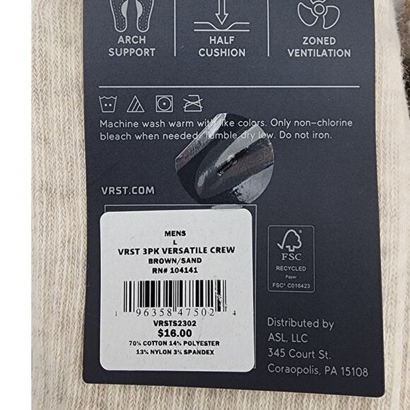 New NWT VRST Men's Lot Of 2 3-Pack Versatile Crew Socks Brown Sand Large 8-13 - Picture 6 of 6